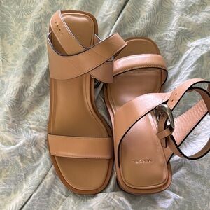 Vince Women's Tan Strap Sandals with silver block heels.